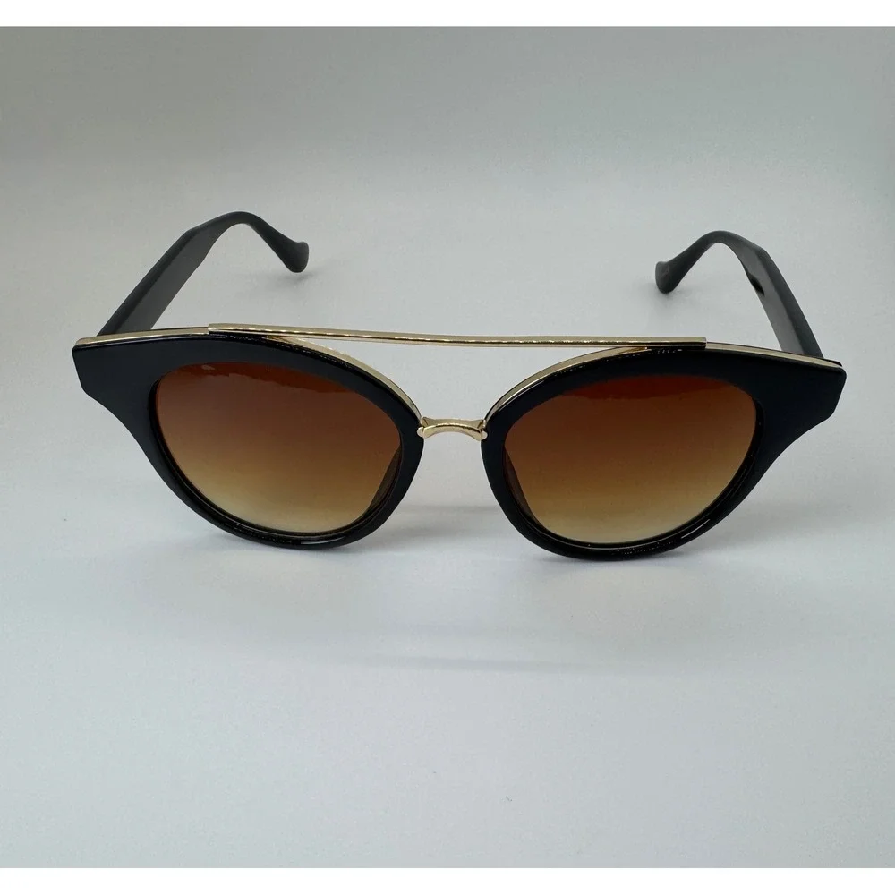 Womens Black Cat Eye Sunglasses Gold Double Bridge Gradient Brown Lens UV400